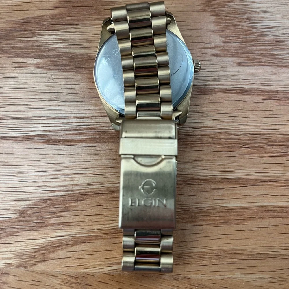 Elgin Gold Tone FG147N Wrist Watch Men Crystal Date - Picture 6 of 6